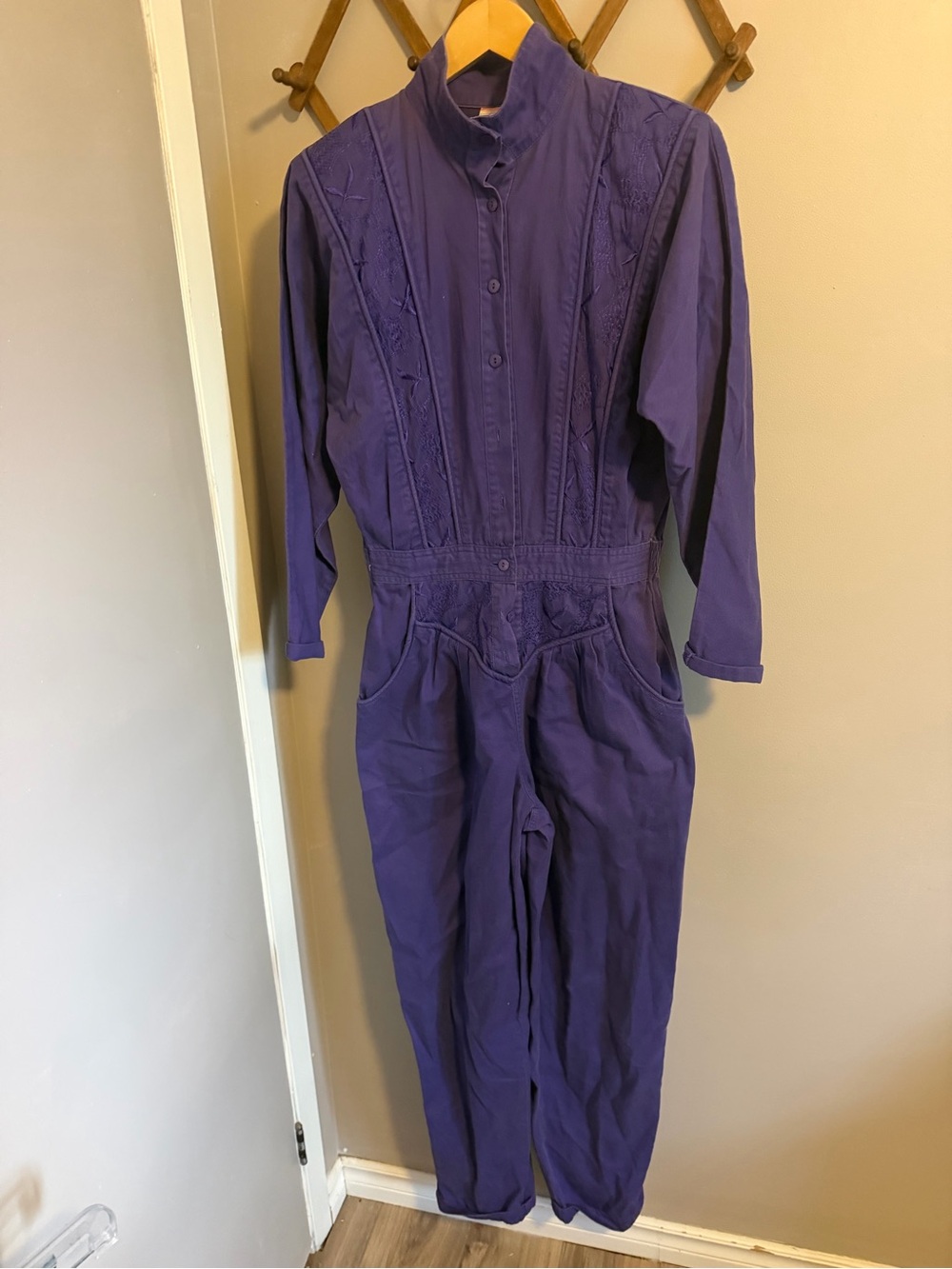 Vintage 80s Lady Foot Locker Purple Embroidered Batwing Jumpsuit M modern S